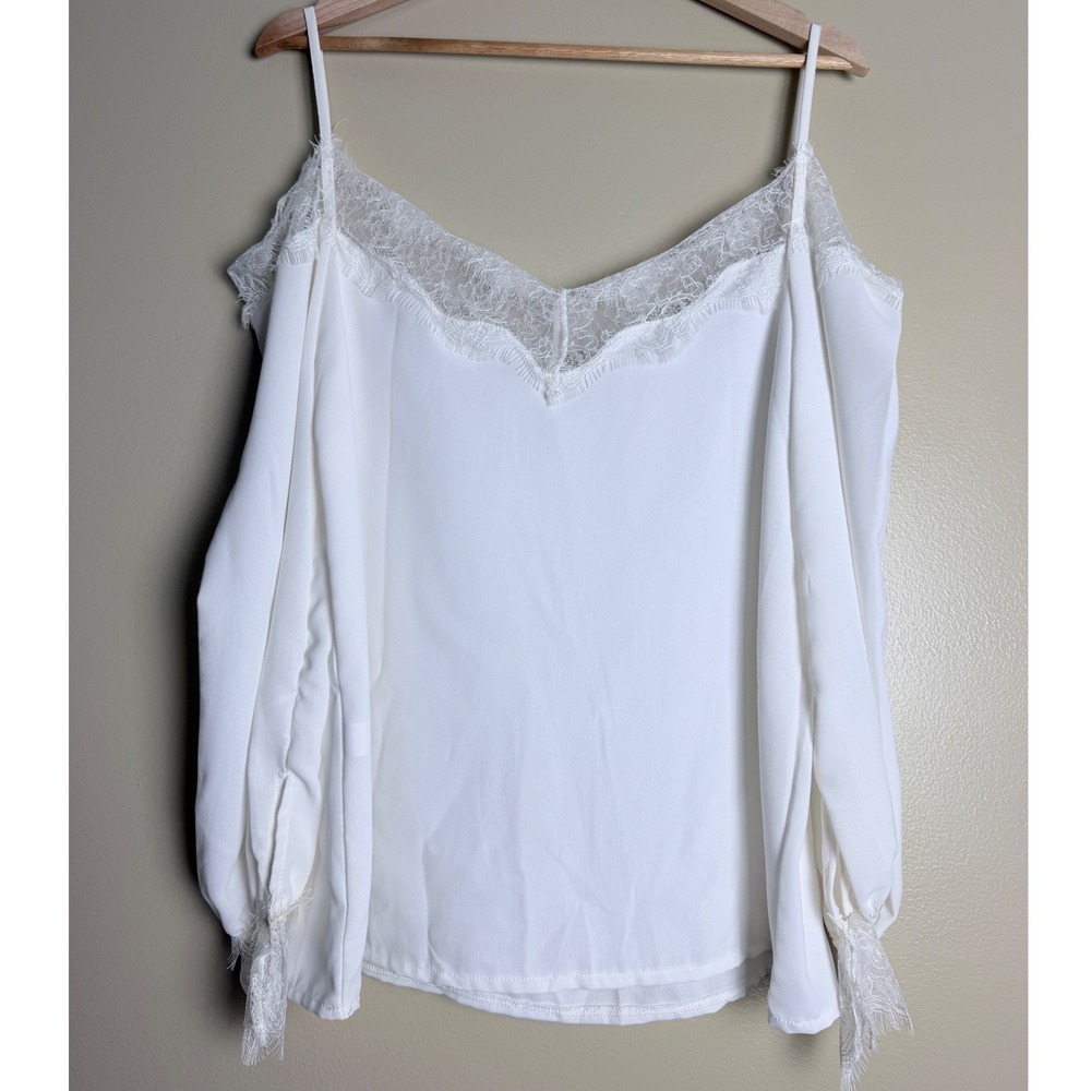 Women's Cold Shoulder Blouse S White Lace Long Sleeve Fairy Romantic Party Night